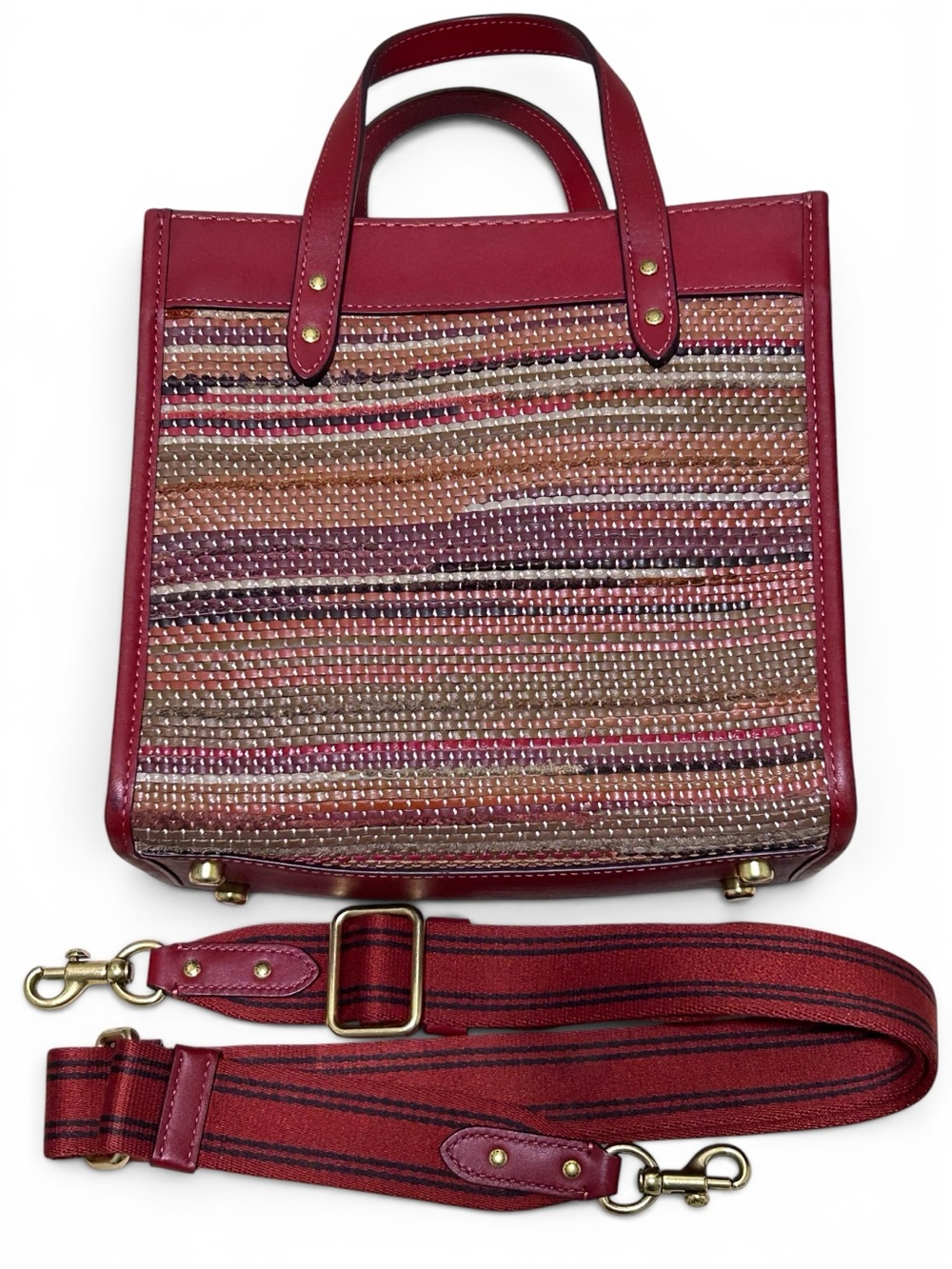 COACH Field Tote 22 Upwoven Leather & Smooth Leather in Brick Red w/XBody Strap - Picture 3 of 10